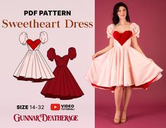 "**THIS PRODUCT IS A PDF FILE THAT WILL BE SENT TO YOUR EMAIL FOR DOWNLOAD** Please read the full description before purchasing. DESCRIPTION: The sweetheart dress is the perfect whimsical addition to a wardrobe. This pattern features corset style lines in the bodice that can be made with or without a contrasting fabric to form a heart in the center of the bodice. The puff sleeve is optional, and the dress features a zipper back with slight high low hem, and HIDDEN POCKETS! DIFFICULTY LEVEL: Inte Sweetheart Dress Pattern, Sweet Heart Dress, Pattern Puff Sleeve, Beginner Sewing Patterns, Couture Mode, Beginner Sewing, Sweetheart Dress, Diy Sewing Clothes