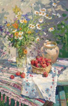 a painting of strawberries and flowers in a vase on a table with a cloth