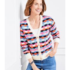 Talbots Scallop Stripe Blue Pink V-Neck Button Front Cardigan Sweater Xl Nwt Our Oh-So-Cozy Cardigan In A Must-Have Scallop Stripe Pattern. Made From Supersoft Yarns With A Flattering V-Neck. The Layer You Need This Season. Size: Xl Multicolor Cardigan Long Sleeve Hits At Hip V-Neck Button Front Closure Straight Hem Viscose, Polyester Nwt - New With Tag Colorful Winter Outfits, Stripe Cardigan, Cardigan Long Sleeve, Talbots Sweater, Button Front Cardigan, Classic Style Women, Cardigan Long, V Neck Cardigan, Winter Colors