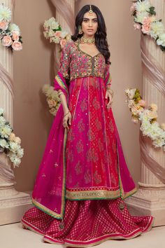 Ruhaak | Pakistani Designer Outfit | Sarosh Salman Anarkali Dabka Sharara For Navratri, Anarkali Sharara With Dupatta For Festive Occasions, Anarkali Salwar Kameez With Dupatta For Festive Occasions, Festive Navratri Chinon Anarkali Set, Designer Navratri Sharara With Dupatta, Festive Anarkali With Resham Embroidery, Eid Anarkali Choli With Zari Work, Festive Anarkali Sharara With Dupatta, Navratri Festive Chinon Anarkali Set