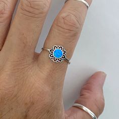 Sterling Silver Blue Lab Opal Mandala Ring, Silver Ring, Flower Ring | eBay Blue Round Bohemian Crystal Ring, Bohemian Blue Round Crystal Ring, Adjustable Bohemian Blue Flower Ring, Bohemian Blue Crystal Ring As Gift, Bohemian Blue Crystal Ring For Gift, Bohemian Blue Crystal Ring Gift, Handmade Blue Open Stackable Rings, Handmade Blue Opal Promise Ring, Blue Turquoise Ring Perfect As Gift