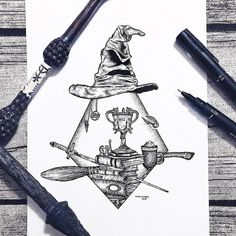 an ink drawing of a wizard hat and two knives on top of a piece of paper