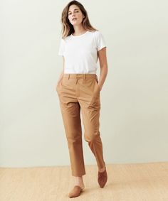 Twill Trouser Tan Chic Cotton Chinos Trousers, Chic Cotton Chinos, Chic Cotton Straight Leg Work Pants, Spring Cotton Cargo Pants For Workwear, Chic Cotton Work Pants With Straight Leg, Chic Cotton Straight Work Pants, Chic Relaxed Fit Fall Chinos, Chic Cotton Chinos With Tapered Leg, Summer Workwear Tapered Leg Chinos