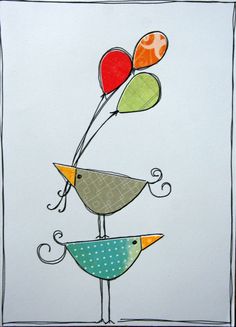 a drawing of two birds holding balloons in their beaks