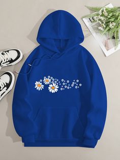 Printed On Front Kangaroo Pocket Hoodie Long Sleeve for Women Pattern Flower Plus Size Summer Fashion, Sleeve For Women, Chic Fall Outfits, Warm Colour Palette, Kangaroo Pocket Hoodie, Pocket Hoodie, Pattern Flower, Outfit Inspiration Fall, Fall Outfits Women