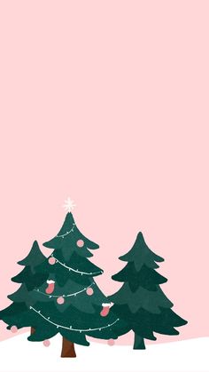 a pink background with two christmas trees in the foreground and one tree on the right