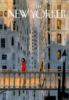 the new yorker movie poster with two people walking on a bridge in front of tall buildings