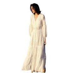 Trendy Fashion Chic Womens Beach White Hollow out Long Dress V-neck Bohemia Holiday Casual SZ d, Stunning Womens Dresses Bohemian V-neck Maxi Dress For Brunch, Bohemian V-neck Maxi Dress For Day Out, White Maxi V-neck Dress For Beach, Chic V-neck Boho Dress For Beach Season, White Maxi-length V-neck Beach Dress, Elegant V-neck Boho Dress For Beach, Bohemian Flowy Maxi V-neck Dress, Flowy Bohemian V-neck Maxi Dress, Bohemian V-neck Dress For Brunch