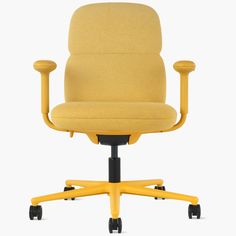 a yellow office chair with wheels and arms