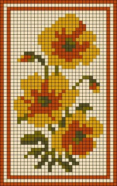 a cross stitch pattern with yellow and red flowers