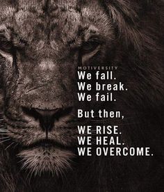 a black and white photo of a lion with the words we fall, we break, we fail, but then, we rise we heal we overcome