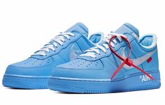 The Off-White x Nike Air Force 1 Low '07 'MCA' shoe is a must-have for any sneakerhead or Virgil Abloh fan. In celebration of his exhibit premiering at the Museum of Contemporary Art in Chicago in June 2019, Virgil Abloh teamed up with Nike once again to produce this incredible shoe. The University Blue leather upper and Metallic Silver Swoosh with prominent stitching and signature red tab are sure to turn heads, while the zip tie and quoted branding harken back to previous Off-White offerings. Zapatillas Nike Basketball, Nike Shoes Blue, Off White X Nike, White Air Force 1, White Air Forces, Dr Shoes, Baskets Nike, Air Force One, Sneaker Release