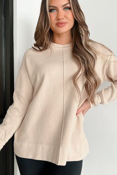 45% ACRYLIC, 40% COTTON, 15% SPANDEX Model Wearing Size S/M Color: Oatmeal Crewneck Long Sleeve Sweam Detailing Oversized Fit Sweater Has Stretch 17" Armpit To Sleeve End 19" Armpit To Hemline For Model Size Specs Please Check Size Charts Launched: 12/18/23 Cozy Beige Sweatshirt, Casual Oatmeal Tops For Winter, Casual Cream Sweatshirt With Soft Texture, Comfy Beige Tops For Fall, Casual Taupe Crew Neck Sweater, Beige Relaxed Fit Comfortable Sweater, Comfortable Beige Sweatshirt For Fall, Beige Comfortable Sweater, Comfy Cream Top For Fall