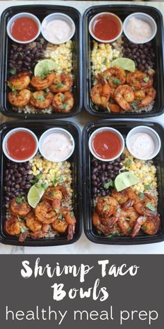 shrimp taco bowls with black beans, corn and guacamole on the side