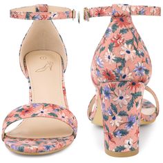 These floral-print heel sandals are sure to be a dazzling look. They feature an open toe, chunky block heels, and ankle straps, which add a touch of cuteness to your look. Designed with chunky block heels, it allows you to walk more comfortably. Pair them with your favorite cocktail dress and colorful accessories for a glamorous party look this season. Great to be a gift for your friend or sister. Spring Open Toe Block Heels With 4-inch Heel, Spring 4-inch Open Toe Block Heels, Spring Heels With Floral Print And Ankle Strap, Spring Floral Print Block Heels, Summer Floral Print Block Heel Sandals, Pink Floral Print Ankle Strap Heels, Floral Print Block Heel Sandals, Pink Floral Print Heels With Ankle Strap, Spring Floral Print Block Heel Sandals