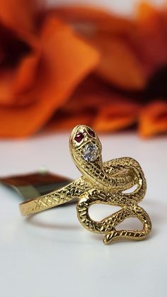 10K gold snake ring! 🐍  Two rubies in eyes and one cubic zirconia stone in center of head  Diamond cut pattern on snake and side of band to give scale-like texture and shine  Currently size 8 but can be resized, no charge for sizing!  *no returns or exchanges after sizing* 14k Gold Snake Ring For Anniversary, 14k Gold Snake Shape Ring For Anniversary, Gold Snake-shaped Diamond Ring For Anniversary, Snake Head, Gold Rings Fashion, Rings Fashion, Tattoo Flash Art, Rings Gold, Snake Ring