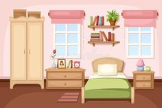 a bedroom scene with a bed, dresser and bookshelf in the room stock illustration