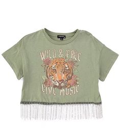 Originality Big Girls 7-16 Short Sleeve Wild & Free Tiger Live Music Rhinestone Fringe Trim T-Shirt | Dillard's Trendy Rhinestone Fringe Tops For Summer, Rhinestone Fringe, Wild Free, Kids Trend, Wild And Free, Fringe Trim, Dillard's, Egift Card, Live Music