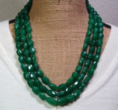 "Genuine  Untreated 1132.00   Carats , 11mm x 18mm Rich Green Faceted Oval Shaped 3 Strand Emerald Real Earth Mined Gemstones Necklace , handmade by me, \"Limpin' Lizard\".  This Necklace is adjustable to wear from 18\" inches to 26\" inches.  FREE SHIPPING in the USA, $11 Everywhere else.  ** It costs me $14.83 to ship to other countries, so I must recoup some of that cost. **Full Money Back Guaranteed to be Real Emerald Gemstones.  This Necklace can have the Sliding Clasp Cloth removed and be Real Earth, Emerald Green Stone, Stone Beaded Necklace, Jewelry Fashion Trends, Emerald Necklace, Rich Green, Gold Filled Earrings, Silver 925 Necklace, Be Real