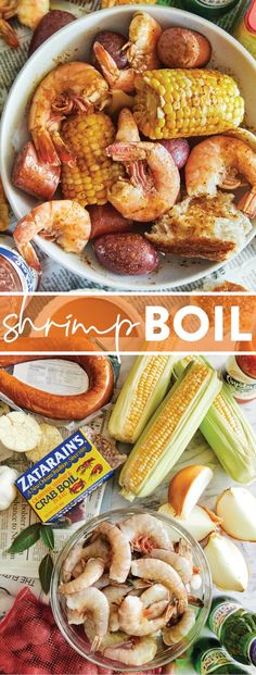 shrimp boil with corn on the cob and hot dog buns, all in one bowl