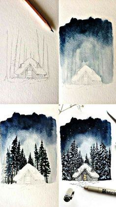 four different pictures of trees and houses in the snow with watercolor pencils on paper