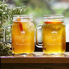 Engraved Mr & Mrs Mason Jar Set - Sunny Jar Personalized™ Modern Pantry Labels, Memorable Wedding Gifts, Mason Jar Glasses, Personalized Gift Baskets, Drinking Jars, Pantry Labels, Bride And Groom Gifts, King And Queen, Newlywed Gifts