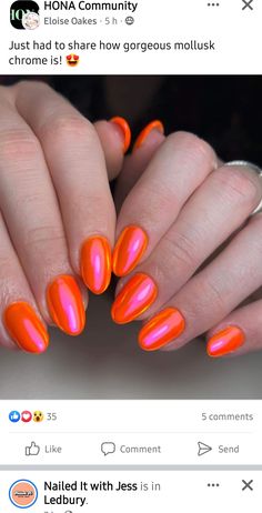 Neon Orange Nails With Chrome, Sherbert Orange Nails, Bright Orange Chrome Nails, Red Orange Chrome Nails, Bright Chrome Summer Nails, Neon Orange Chrome Nails, Bright Red Orange Nails, Reddish Orange Nails, Pinky Orange Nails