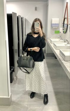 Polkadot Outfit, Black And White Polka Dot Skirt, Dot Outfit, Polka Dots Skirt, Dots Outfit, White Long Skirt, Polka Dots Outfit, White Polka Dot Dress, Teacher Outfits