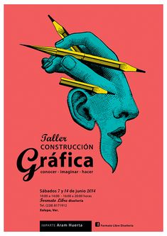 a poster for an art show with pencils sticking out of the head