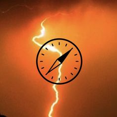 a clock that is in the sky with lightning coming out of it's side