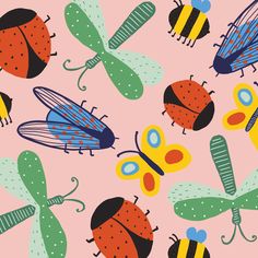 a pink background with lots of bugs and ladybugs in different colors on it