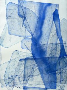 an abstract blue painting with lines and shapes on it's back side, against a white background