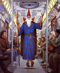 a painting of a man with a long white beard on a train