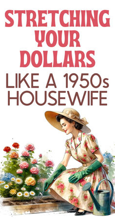 a woman in a dress and hat watering flowers with the words stretching your dollars like a 1950 housewife