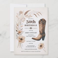 an image of a birthday party card with cowboy boots and wildflowers on it