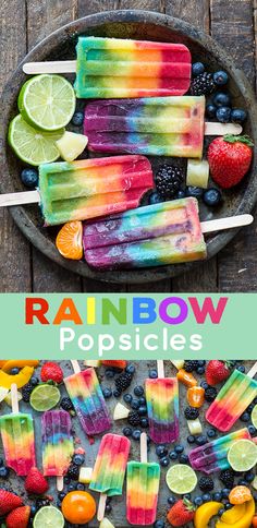 rainbow popsicles on a plate with fruit and limes in the background text overlay reads rainbow popsicles