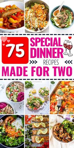 the cover of 75 special dinner recipes made for two, with images of different dishes