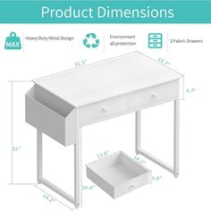 an image of a white desk with drawers and drawer options for the product dimensionss