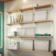 the shelves are filled with boxes and other items for storage in an office space or home