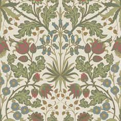 an intricately designed wallpaper with flowers and leaves in green, red and blue colors