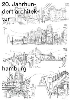 two black and white drawings of different cities