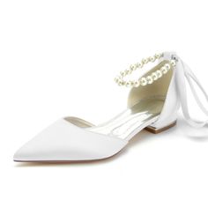 Pearl Ankle Strap Satin Flats Pointed Toe D'orsay Shoes for Work Elegant White Pointed Toe Flats With Low Heel, White Pointed Toe Flats For Evening Spring Event, White Pointed Toe Flats For Evening Spring, White Pointed Toe Flats For Evening, White Closed Toe Flats For Evening, White Closed Toe Pointed Flats For Party, White Pointed Toe Flats For Party, White Closed Toe Flats For Party, Elegant Cream Flats For Party