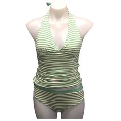 New With Tag Striped Lined Swimwear For The Beach, Striped Halter Neck Swimwear For Poolside, Green Sleeveless Lined Tankini, Striped Halter Neck Summer Swimwear, Striped Sleeveless Lined Swimwear, Sleeveless Striped Lined Swimwear, Striped Stretch Halter Neck Swimwear, Striped Halter Neck Stretch Swimwear, Green Lined Swimwear For Vacation