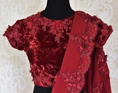 Latest Types Of Velvet Saree Blouse Designs and Patterns (2024) - Tips and Beauty Velvet Saree Blouse Design, Maroon Velvet Saree, Red Velvet Saree, Embroidery Cocktail