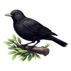 a black bird sitting on top of a branch with leaves around it's legs