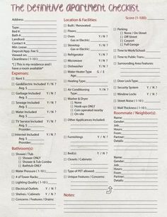 a list of the different types of apartment checklists on a piece of paper