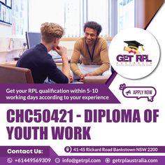 a flyer for a youth work session with two men sitting at a table and talking to each other