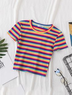 New T Shirt Women Rainbow Striped Tops Slim Fit t shirt Harajuku Tshirt Summer Short Sleeve Korean Punk Crop Top, Rainbow Top, Striped Tops, Stripe Outfits, Clothes Tops, Mode Casual, Striped Crop Top, Striped Sleeve