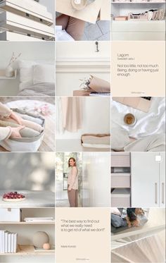 a collage of photos showing different types of furniture and decor in white, neutral colors