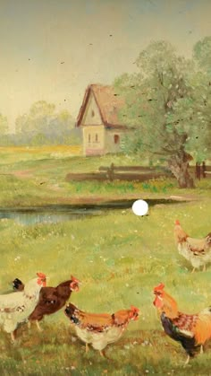 a painting of chickens in a field with a house in the background